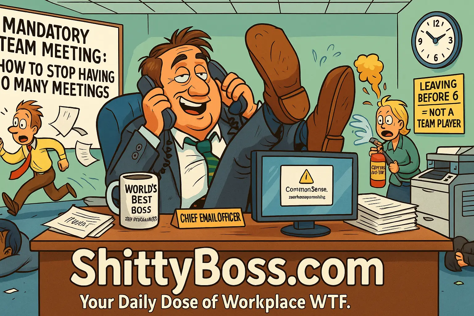 ShittyBoss.com cartoon boss office chaos header